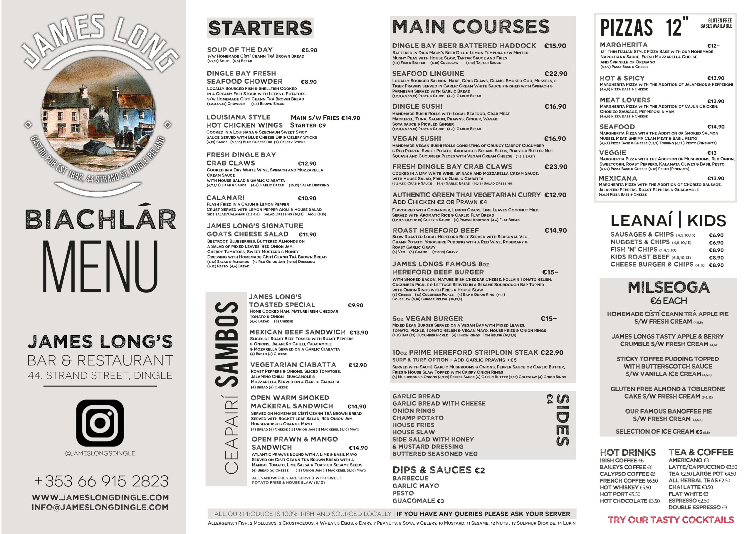 Food Menu James Long Bar & Restaurant Dingle